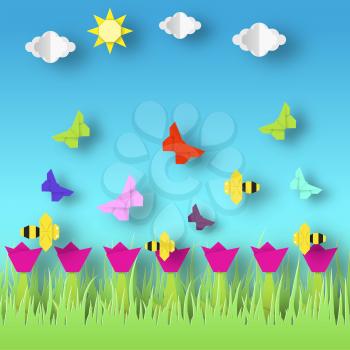Origami Style Crafted out of Paper with Cut Colorful Flowers, Butterflies. Abstract Scene Flying Insects. Card with Cutout Elements, Symbols. Spring Landscape. Vector Illustrations Art Design.