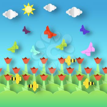Origami Style Crafted out of Paper with Cut Colorful Flowers, Butterflies, Bee. Abstract Scene Flying Insects. Card with Cutout Elements, Symbols. Spring Landscape. Vector Illustrations Art Design.