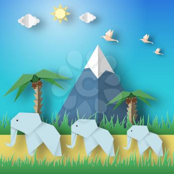Paper Origami Concept, Applique Scene with Cut Elephants, Birds, Mountains, Clouds, Sun. Childish Cutout Template with Elements, Symbols. Landscape for Card, Poster. Vector Illustrations Art Design.