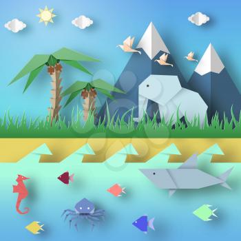 Paper Origami Abstract Concept, Applique Scene with Cut Elephants, Birds, Underwater Life. Kids Cutout Template with Elements, Symbols. Landscape for Summer Cards. Vector Illustrations Art Design.
