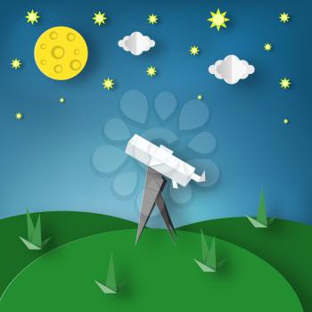 Paper Origami Abstract Concept, Applique Scene with Cut Telescope and Stars. Observation Through a Spyglass. Childish Cutout Template with Elements, Symbols for Cards. Vector Illustrations Art Design.