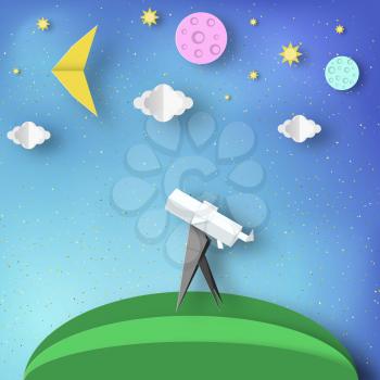 Paper Origami Abstract Concept, Applique Scene with Cut Telescope and Stars. Observation Through a Spyglass. Discover Cutout Template with Elements, Symbols for Cards. Vector Illustrations Art Design.