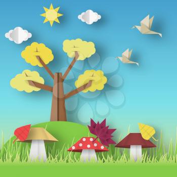 Autumn Origami Landscape with Clouds, Sun, Mushrooms, Leaves, Birds, Trees, Crafted Abstract Paper Concept. Cut Applique with Elements. Nature Cutout Template. Vector Illustrations Art Design.
