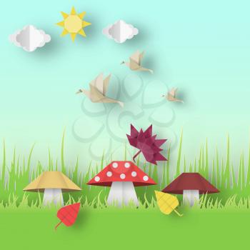 Autumn Origami Landscape with Clouds, Sun, Mushrooms, Leaves, Birds, Crafted Abstract Paper Concept. Cut Applique with Elements. Quality Cutout Template. Vector Illustrations Art Design.