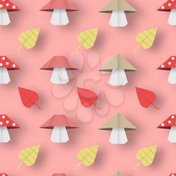 Autumn Origami Pattern with Leaves and Mushrooms. Crafted Abstract Paper Seamless Background. Beautiful Texture with Cut 3D Elements. Quality Cutout Backdrop. Vector Illustrations Art Design.