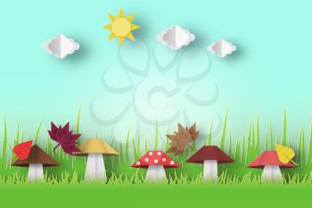 Autumn Origami Landscape with Clouds, Sun, Mushrooms, Birds, Leaves, Crafted Abstract Paper Concept. Cut Applique Scene with Elements. Quality Cutout Template. Vector Illustrations Art Design.