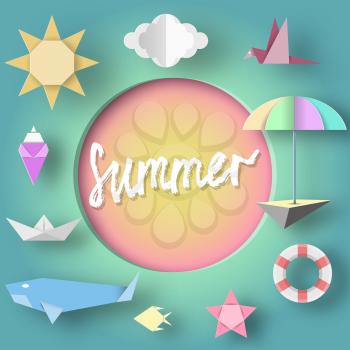 Summer Paper Applique of Symbols, Sign and Objects with Text illustrate the Greeting of the Summertime. Vintage Style. Art Template for Banner, Card, Logo, Poster, Label. Design Vector Illustrations.