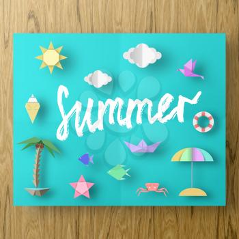 Summer Paper Applique of Symbols, Sign and Objects with Text illustrate the Greeting of the Summertime. Sun Background. Abstract Art Template for Banner, Card, Poster. Design Vector Illustrations.