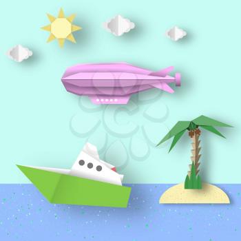 Paper Origami Airship Flies over the Sea and Island. Papercut Tropical Style. Cutout Trend. Cut Landscape. Kids Dirigible, Palm, Ship, Island, Clouds, Sun. Vector Graphics Illustrations Art Design.