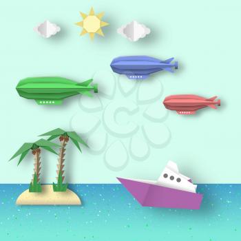 Paper Origami Airship Flies over the Sea and Island. Cut Landscape. Papercut Style. Cutout Trend. Childish Dirigible, Palm, Ship, Island, Clouds, Sun. Vector Graphics Illustrations Art Design.