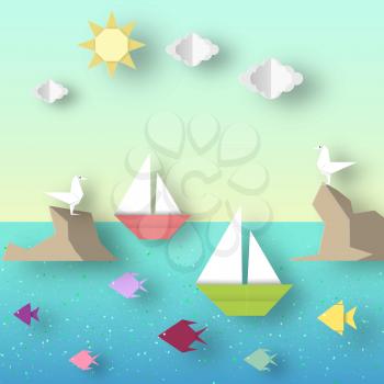 Paper Origami Landscape with Ship Sails Past the Reef with a Seagull. Cut Seascape. Beauty Papercut Style. Cutout Trend. Kids Gull, Ship, Fish, Clouds, Sun. Vector Graphics Illustrations Art Design.