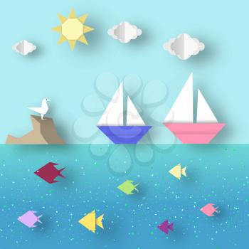 Cutout Trend. Paper Origami Landscape with Ship Sails Past the Reef with a Seagull. Cut Seascape. Amazing Papercut Style. Kids Gull, Ship, Fish, Clouds, Sun. Vector Graphics Illustrations Art Design.