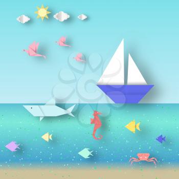 Seascape with colorful fishes and ships it is clipart in the style of origami paper this image is a vector illustration.