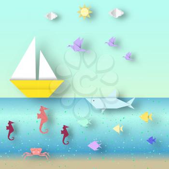 The clipart in the style of origami paper reveal scenery with cut fishes and ships this image is a vector illustration.