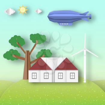Paper Origami Landscape Ecology Environment and Conservation. Carve House, Wind Mill, Airship, Tree, Cloud, Sun. Cut Background. Cutout Trend, Papercut Style. Vector Graphics Illustrations Art Design.