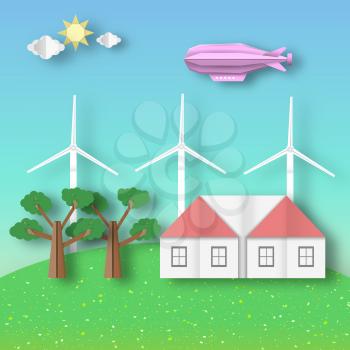 Paper Origami Landscape Ecology Environment and Conservation. Vector Graphics Illustrations Art Design. Carve House, Wind Mill, Airship, Tree, Cloud, Sun. Cut Background. Cutout Trend Papercut Style. 
