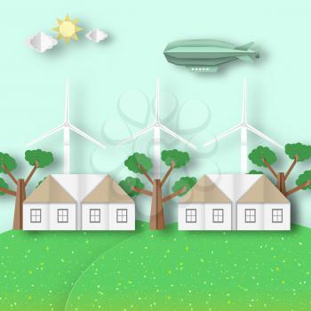 Cutout Trend, Papercut Style. Paper Origami Landscape Ecology Environment and Conservation. Carve House, Wind Mill, Dirigible, Tree, Cloud, Sun. Cut Backdrop. Vector Graphics Illustrations Art Design.