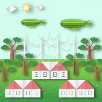 Paper Origami Landscape Ecology Environment and Conservation. Cut Backdrop. Carve House, Wind Mill, Aerostat, Tree, Cloud, Sun. Cutout Trend, Papercut Style. Vector Graphics Illustrations Art Design.