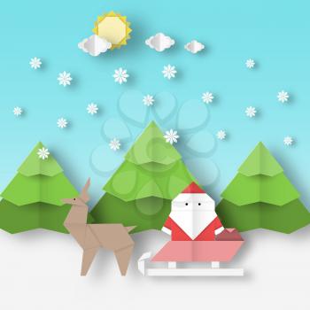 Christmas Holiday Card with Paper Santa Claus and deer this image is a vector illustration