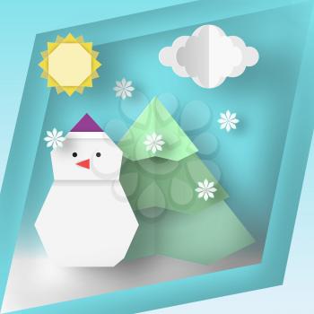 Snowman in carved frame with winter background this image is a vector illustration