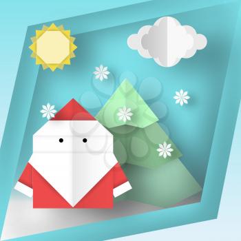 Card with Santa Claus in carved frame with winter background this image is a vector illustration