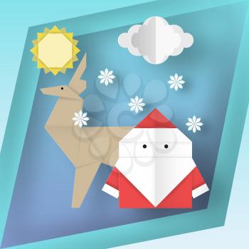 Origami Santa Claus and deer on Christmas greeting card for winter holiday this image is a vector illustration