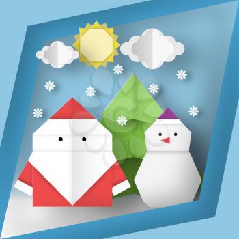 Christmas greeting card with paper Santa Claus and snowman for holiday this image is a vector illustration
