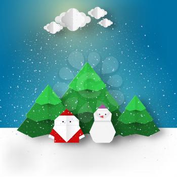 Christmas paper origami background with Santa Claus and snowman can be used for congratulations with winter holidays this image is a vector illustration