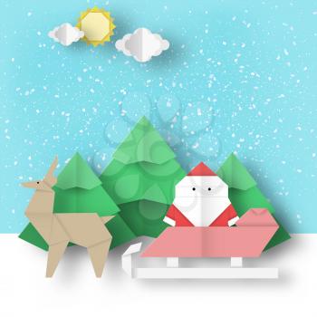 Christmas paper landscape. Winter scene origami Santa Claus and reindeer is coming for Xmas. Vector holiday background.