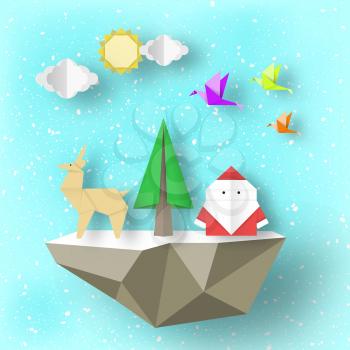 Cut Santa Claus, deer and tree on polygonal soaring islands paper origami Christmas nature scene. Handwork abstract Xmas concept cutout fragments for templates. Vector Illustrations Art Design.