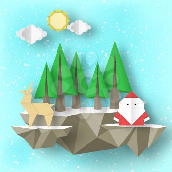 Cutout papercut Santa Claus, deer, tree on 3D polygonal soaring islands paper origami Christmas nature scene. Kids abstract Xmas concept cut fragments for templates. Vector Illustrations Art Design.