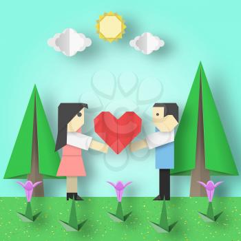 Cut Scene with Couple, Big Hearts, Sun, Sky, Clouds, Trees, Flowers it is Happy Love Paper Origami Crafted World for Valentine's Day Romantic Card. Papercut Vector Illustrations Art Design.
