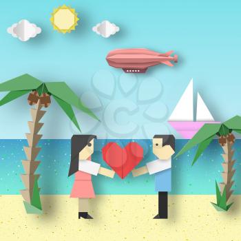 Paper Origami Concept Card for Valentine's Day with Couple, Ship, Dirigible, Sea, Sun, Sky. Papercut Style and Cutout Trend. Applique Scene with Elements, Symbols. Vector Illustrations Art Design.