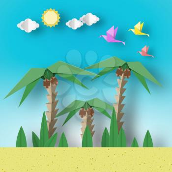 Paper Origami Concept Landscape with Birds, Palm, Sun, Sky. Papercut Style and Cutout Trend. Applique Summer Scene with Elements, Symbols. Vector Illustrations Art Design.