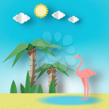 Paper Origami Concept Landscape with Flamingo, Palm, Sun, Sky. Papercut Style and Cutout Trend. Summer Tropical Applique Scene with Elements, Symbols. Vector Illustrations Art Design.