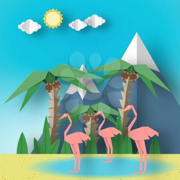 Paper Origami Concept Landscape with Pink Flamingo, Palm, Sun, Sky, Mountain. Papercut Style and Cutout Trend. Summer Exotic Applique Scene with Elements, Symbols. Vector Illustrations Art Design.