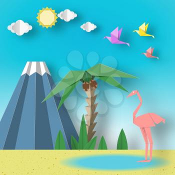 Paper Origami Concept Landscape with Flamingo, Birds, Palm, Sun, Sky, Volcano. Papercut Applique Style and Cutout Artistic Trend. Summer Scene with Elements, Symbols. Vector Illustrations Art Design.