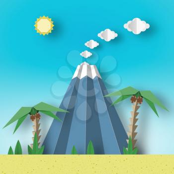 Origami Paper Concept Landscape with Palm, Sun, Sky, Volcano. Artistic Papercut Applique Style and Cutout Fashion Trend. Summer Tropical Scene with Elements, Symbols. Vector Illustrations Art Design.