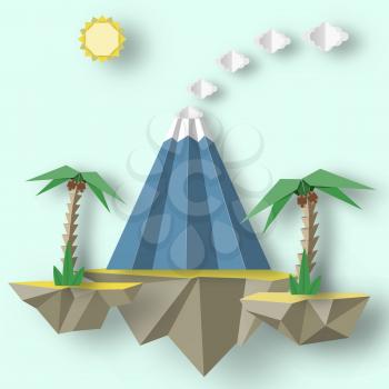 Unusual decorative paper origami concept with flying islands on which there are erupting volcano, palms. Colorful fantasy landscape. Vector Illustrations Art Design.