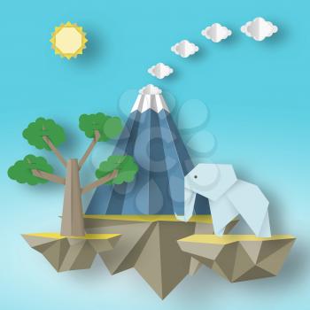 Paper Origami fashion concept with flying islands on which there are elephant, erupting volcano, tree. Exotic fancy park. Vector Illustrations Art Design.