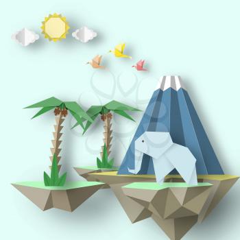 Paper Origami creative scene with soars islands on which there are papercut elephant, volcano, palm. Abstract concept. Cut out template elements, symbols for cards. Vector Illustrations Art Design.