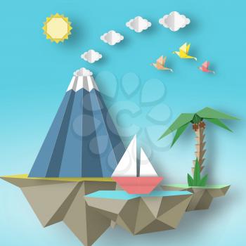 Origami Paper artistic applique with soars islands on which there are ship, volcano, palm. Artwork nature cutout concept. Cut out template elements, symbols for cards. Vector Illustrations Art Design.