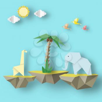 Paper Origami Abstract Concept, Applique Scene with Cut Birds, Elephant, Giraffe and Levitate Island. Artwork Crafted. Cutout Template with Elements, Symbols for Card. Vector Illustrations Art Design.