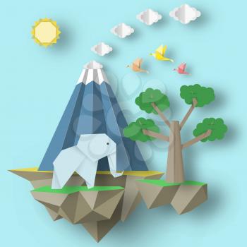 Paper Origami Abstract Concept, Applique Scene with Cut Birds, Elephant, Volcano and Fly Island. Folded Artwork. Cutout Template with Elements, Symbols for Card. Vector Illustrations Art Design.