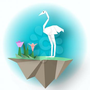 Paper White Flamingo with Tree on a Flying Island, Origami Style, Elegant Decorative Background, isolated Objects, 3D Cut Paper Elements, Vector Illustration Art Design