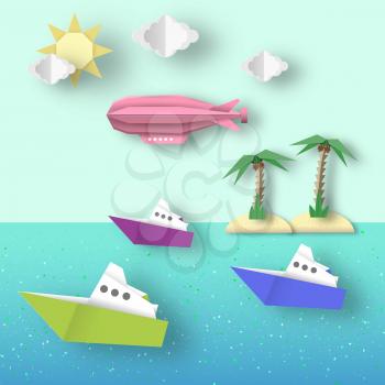 Paper Origami Airship Flies over the Sea and the Island. Cutout Fashion. Cut Landscape. Childish Dirigible, Palm, Ship, Island, Clouds, Sun. Papercut Style. Vector Graphics Illustrations Art Design.