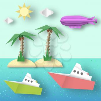 Paper Origami Airship Flies over the Sea and the Island. Cutout Trend. Cut Landscape. Kids Dirigible, Palm, Ship, Island, Clouds, Sun. Papercut Cute Style. Vector Graphics Illustrations Art Design.