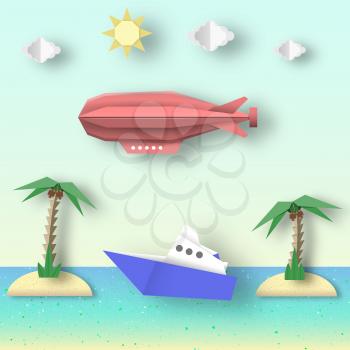 Paper Origami Airship Flies over the Sea and Island. Papercut Artistic Style. Cutout Trend. Cut Landscape. Kids Dirigible, Palm, Ship, Island, Clouds, Sun. Vector Graphics Illustrations Art Design.