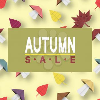 Paper Origami Autumn Sale Discount Card for Fall Offer. Cut Elements with Typographic Text illustrate the Advertising Voucher. Papercut Style. Cutout Trend. Vector Graphics Illustrations Art Design.