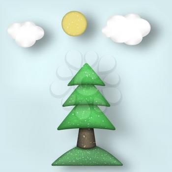 Applique with Cut Tree, Clouds, Sun Style Paper Origami Crafted World. Cutout Made Template with Elements and Symbols. Modeling Landscape for Banner, Card, Poster. Vector Illustrations Art Design.